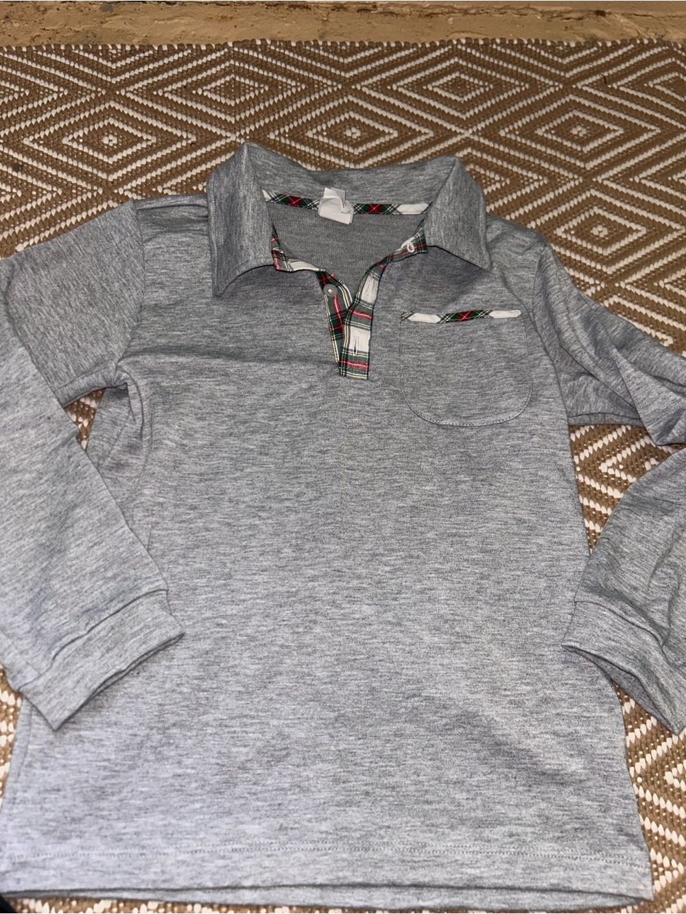bella bliss Gray Long-Sleeve Polo with Plaid Trim